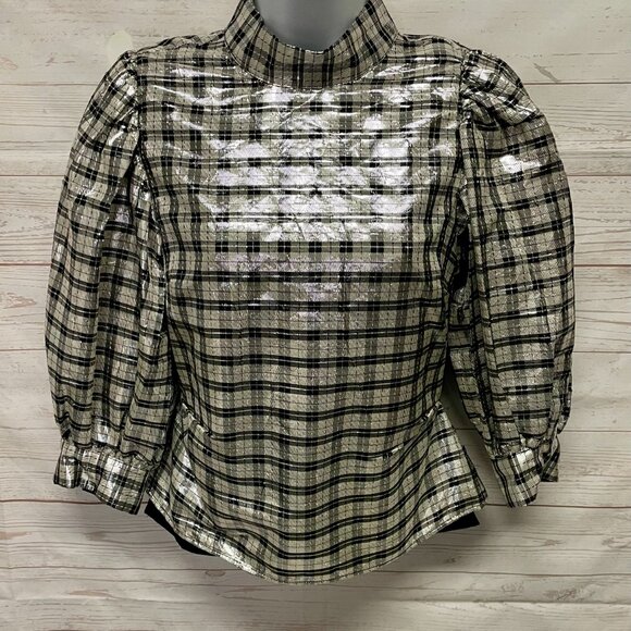 Ganni Laguard checked silk-blend lame blouse - Picture 2 of 9